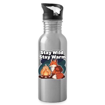 Stay Wild, Stay Warm - Fox at the Campfire - Water bottle with straw - silver - Right