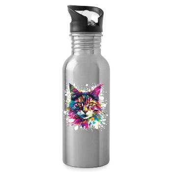Katze Tier Art - Trinkflasche mit integriertem Trinkhalm - Lightsilver - Rechts