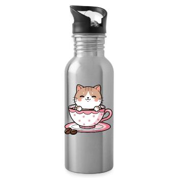Cozy Cat in Pink Teacup - Water bottle with straw - silver - Right