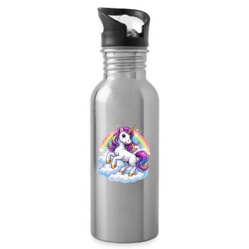 Rainbow Unicorn Over Clouds - Water bottle with straw - silver - Right