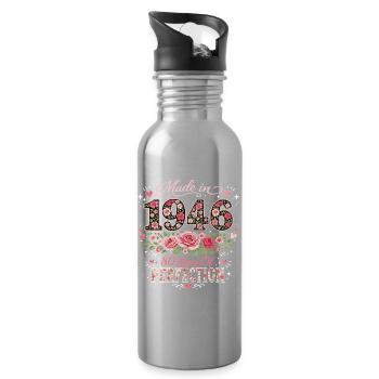 Cadeau 80 Ans Femme - Anniversaire 1946 Floral - Gourde avec paille intégrée - argent clair - Droite