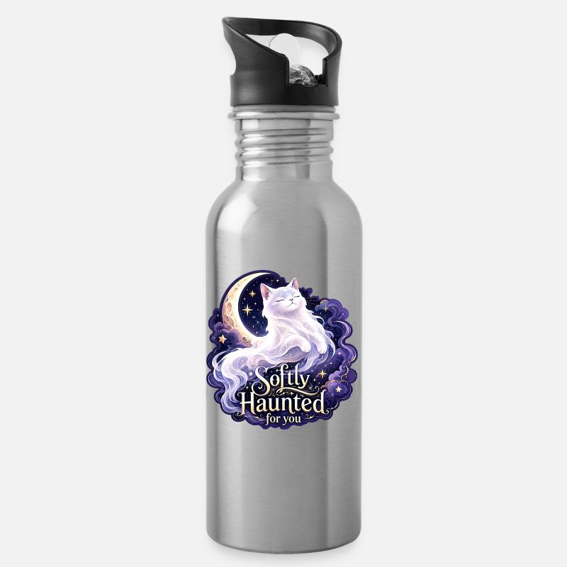 Softly Haunted White Moon Cat Gothic Celestial - Water bottle with straw - silver