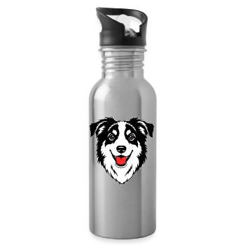 Australian Shepherd Head Black and White - Water bottle with straw - silver - Right
