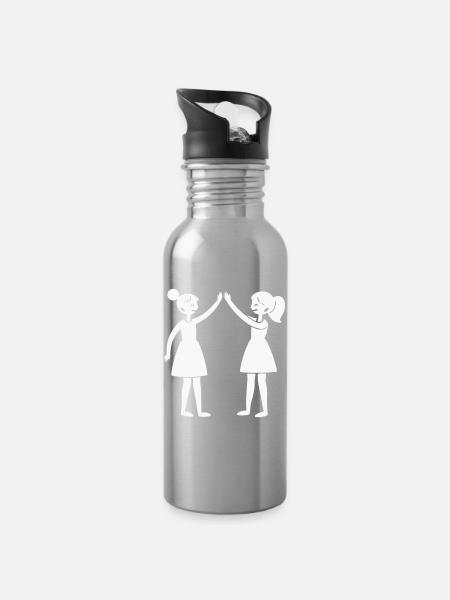 Zwei Freundinnen High-Five Silhouette - Trinkflasche mit integriertem Trinkhalm - Lightsilver