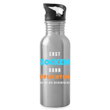 Erst zocken dann Pflichten Gamer Zocker Spruch - Trinkflasche mit integriertem Trinkhalm - Lightsilver - Rechts