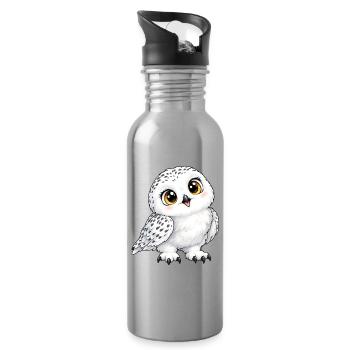 Schneeeule Kawaii Style – Süßer Wintervogel - Trinkflasche mit integriertem Trinkhalm - Lightsilver - Rechts