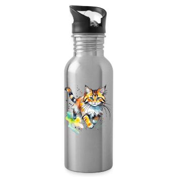 springende  Katze im wasserfarbenlook - Trinkflasche mit integriertem Trinkhalm - Lightsilver - Rechts