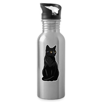 Black Cat Sitting Yellow Eyes Elegant Portrait - Water bottle with straw - silver - Right
