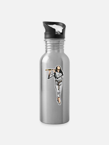 Flötistin Skizze - Trinkflasche mit integriertem Trinkhalm - Lightsilver