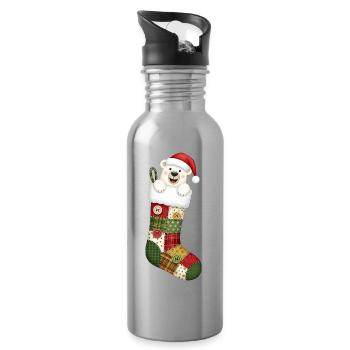 Cute cartoon polar bear in Christmas sock - Water bottle with straw - silver - Right
