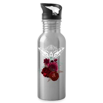 Geometric Moth Over Rose Bouquet - Water bottle with straw - silver - Right