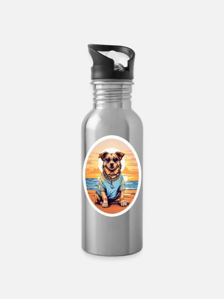 Hund am Strand - Trinkflasche mit integriertem Trinkhalm - Lightsilver