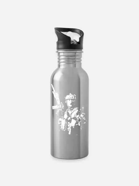 Militärischer Stencil Soldat - Trinkflasche mit integriertem Trinkhalm - Lightsilver