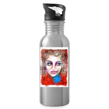 Buntes Pop-Art Frauenporträt - Trinkflasche mit integriertem Trinkhalm - Lightsilver - Rechts