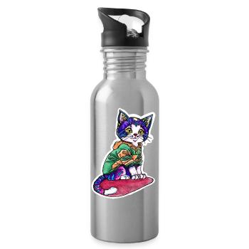 Chat en pull vert - Gourde avec paille intégrée - argent clair - Droite