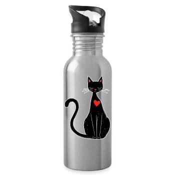 Black Cat with Heart – Magical & Minimalist - Water bottle with straw - silver - Right