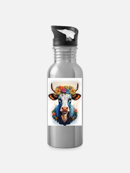 Kuh mit Blumenkranz - Trinkflasche mit integriertem Trinkhalm - Lightsilver