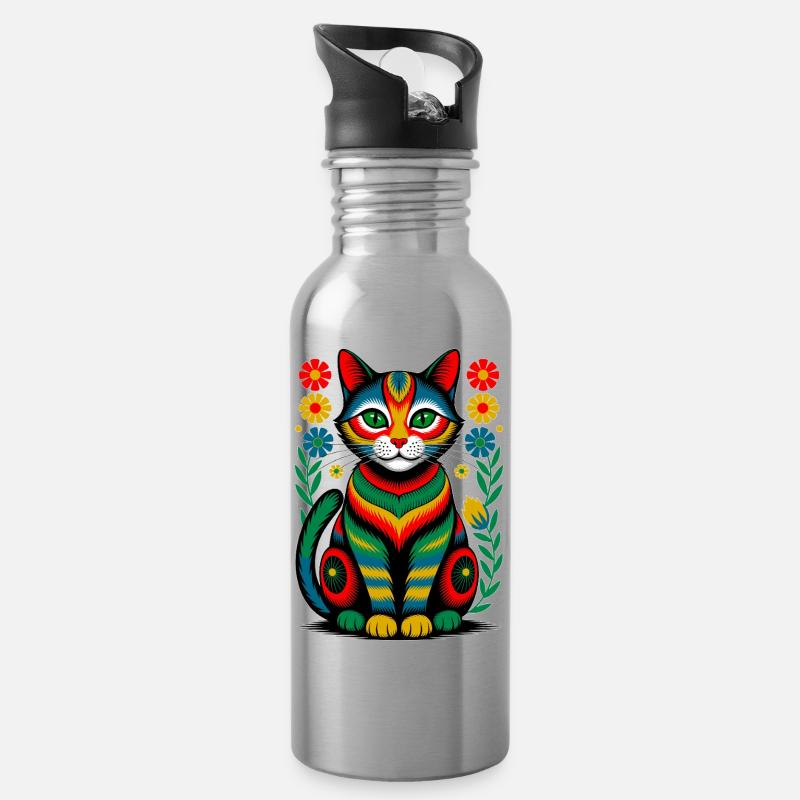 Folk Katze – Bunte Seele der Natur - Trinkflasche mit integriertem Trinkhalm - Lightsilver