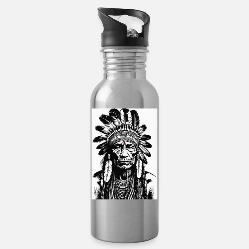 Indigener Häuptlingskopf mit Federschmuck - Trinkflasche mit integriertem Trinkhalm - Lightsilver