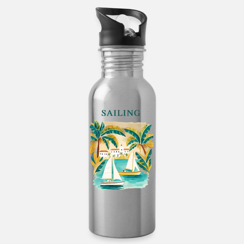 Tropical sailing dream at the harbor - Water bottle with straw - silver