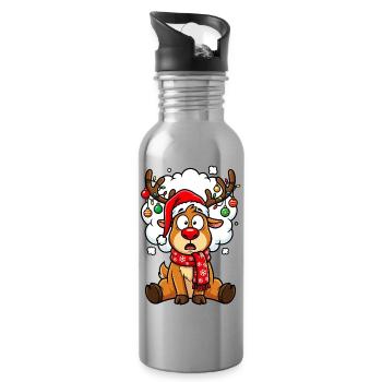 Christmas Reindeer Cartoon Humor - Water bottle with straw - silver - Right