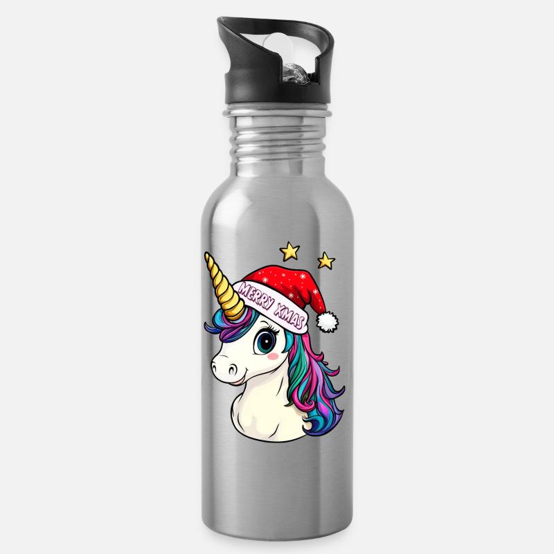 Einhörner Weihnachten / Merry Xmas - Trinkflasche mit integriertem Trinkhalm - Lightsilver