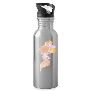 Woman portrait with flowers illustration - Water bottle with straw - silver - Right