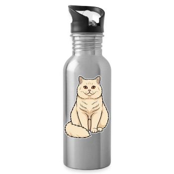 British Shorthair Cat Cream Portrait Round Soft - Water bottle with straw - silver - Right