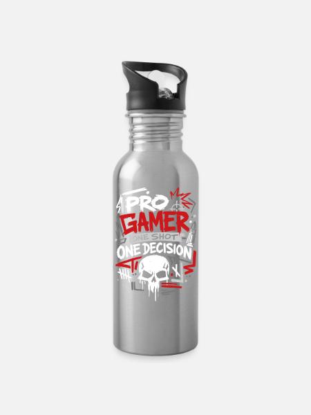 Aim Focus Destroy Gamer - Trinkflasche mit integriertem Trinkhalm - Lightsilver