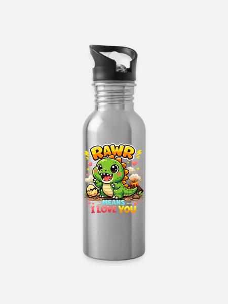 Dino Rawr, ich liebe dich - Trinkflasche mit integriertem Trinkhalm - Lightsilver
