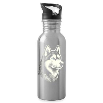 Huskykopf, schwarz-weiß, Hundeschlitten - Trinkflasche mit integriertem Trinkhalm - Lightsilver - Rechts