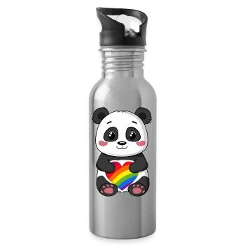 Panda-Karikatur mit einem Pride-Regenbogenherz - Trinkflasche mit integriertem Trinkhalm - Lightsilver - Rechts