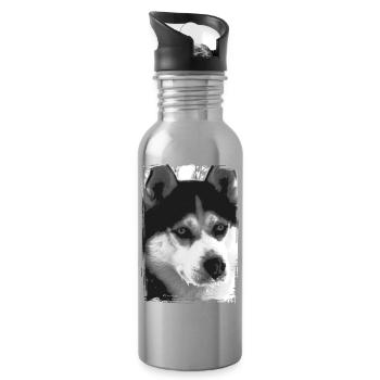Schwarz-Weiß Husky Porträt - Trinkflasche mit integriertem Trinkhalm - Lightsilver - Rechts