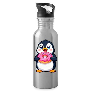 Pingouin de dessin animé mignon avec pâtisserie d’art de beignet - Gourde avec paille intégrée - argent clair - Droite