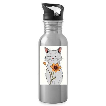 Gelassene Katze mit Sonnenblume - Trinkflasche mit integriertem Trinkhalm - Lightsilver - Rechts
