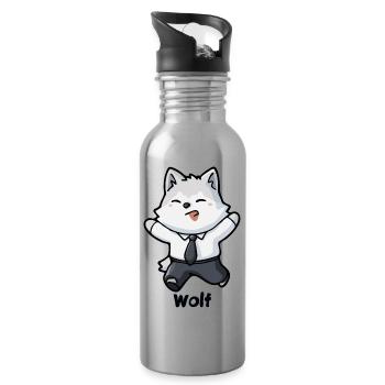 Cute Office Wolf Cartoon Character - Water bottle with straw - silver - Right