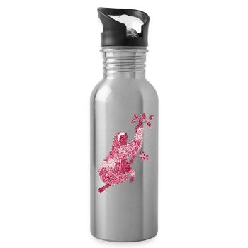 Paresseux avec imprimé floral rouge – Art au trait - Gourde avec paille intégrée - argent clair - Droite