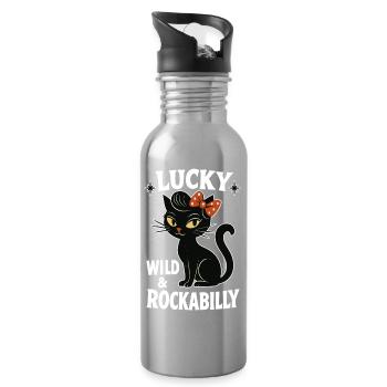 Rockabilly schwarze Katze glücklich wild Geschenk - Trinkflasche mit integriertem Trinkhalm - Lightsilver - Rechts