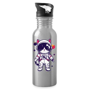 Space Cat Cat in Astronaut Suit Motif - Water bottle with straw - silver - Right