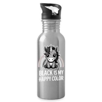 Grey Unicorn Rainbow: Black Is My Happy Color - Water bottle with straw - silver - Right
