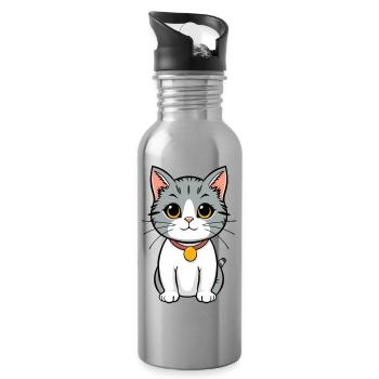 Kawaii Katze - Trinkflasche mit integriertem Trinkhalm - Lightsilver - Rechts