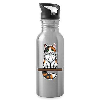 Cute Calico Cat Sitting Vintage Portrait - Water bottle with straw - silver - Right