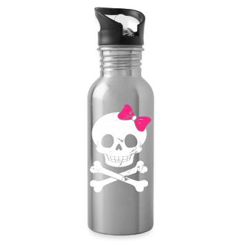 Cute skull with pink bow - Water bottle with straw - silver - Right