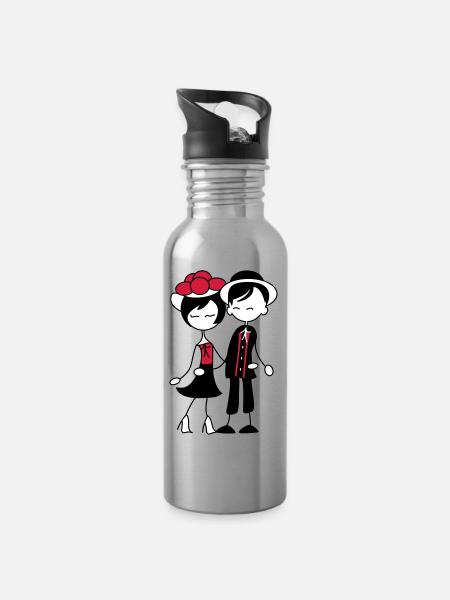 Sweet Black Forest Couple - Bollenhut & Tracht - Water bottle with straw - silver