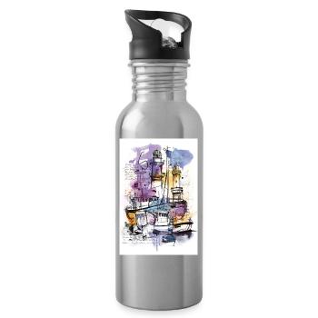 Hafen Aquarell - Trinkflasche mit integriertem Trinkhalm - Lightsilver - Rechts