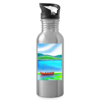 Landscape with lake, boat and mountains - Water bottle with straw - silver - Right