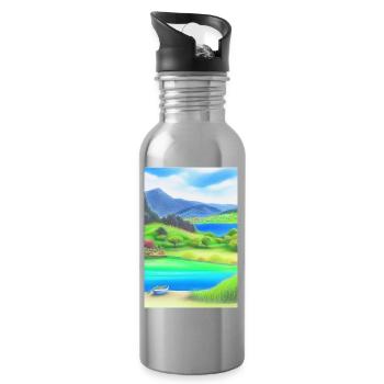 Landscape with lake, boat and mountains - Water bottle with straw - silver - Right