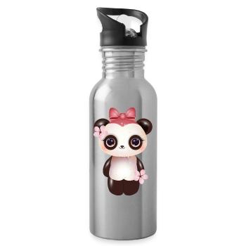 niedlicher Panda mit rosa Schleife und Kirschblüte - Trinkflasche mit integriertem Trinkhalm - Lightsilver - Rechts