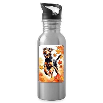 Airedale Terrier spielt im Herbstlaub - Trinkflasche mit integriertem Trinkhalm - Lightsilver - Rechts