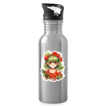 Little Elf Green Hair Floral Fantasy Shirt - Water bottle with straw - silver - Right